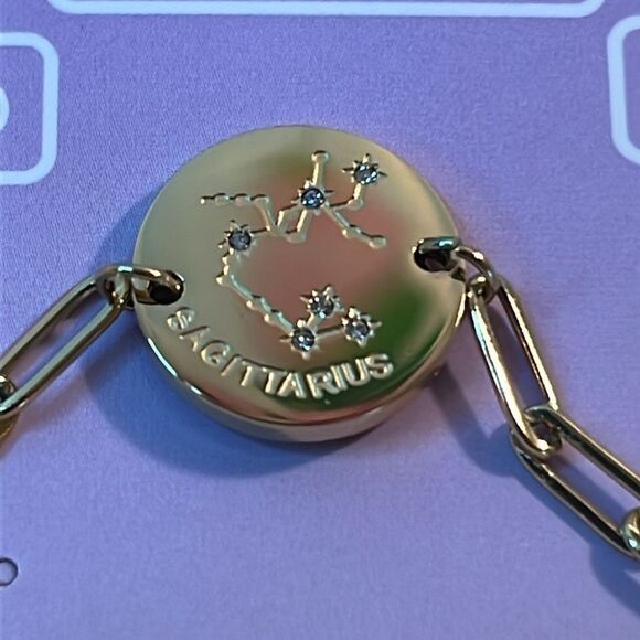 Crystal Zodiac sagittarius Engraved Bracelet in ION Plated YG Stainless Steel 7” - Picture 4 of 6